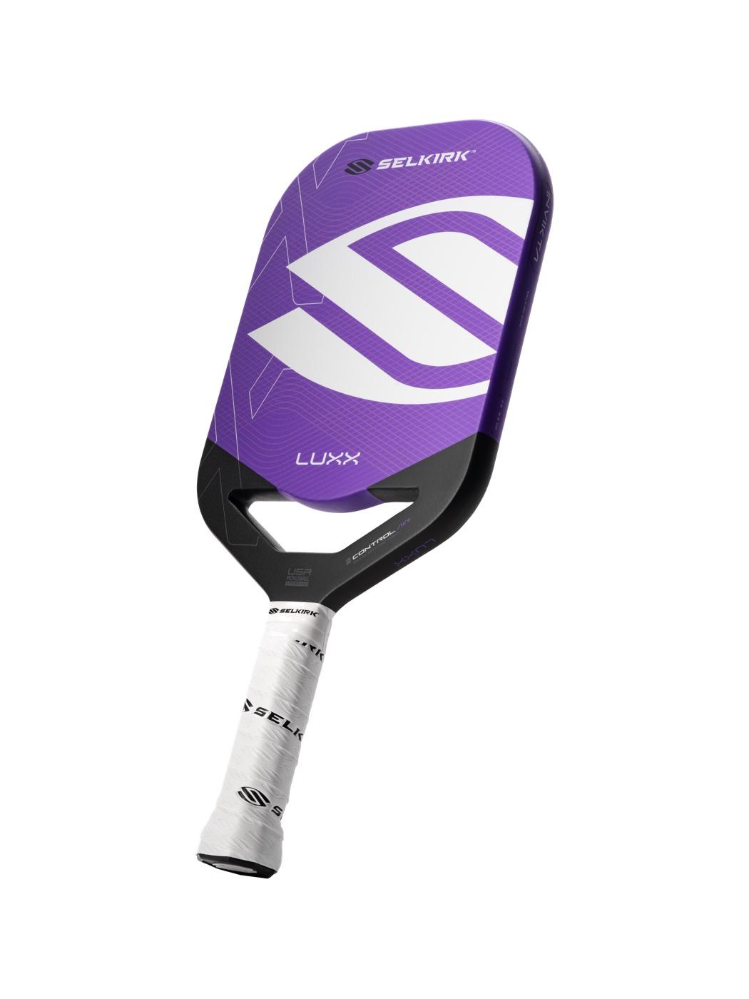 The Selkirk LUXX Control Air Invikta pickleball paddle, a purple carbon paddle with a white grip, front view.